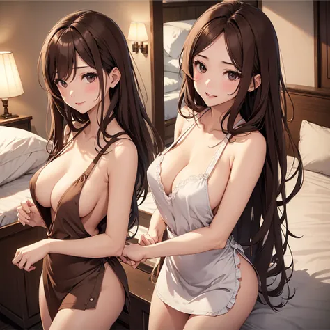 Sexy、Cleavage Emphasis、Brown hair long、Naked Apron、chest、Double、slim、cute、sex appeal、Shoulder Bare、lure、Hotel、Lying on your back in bed、
