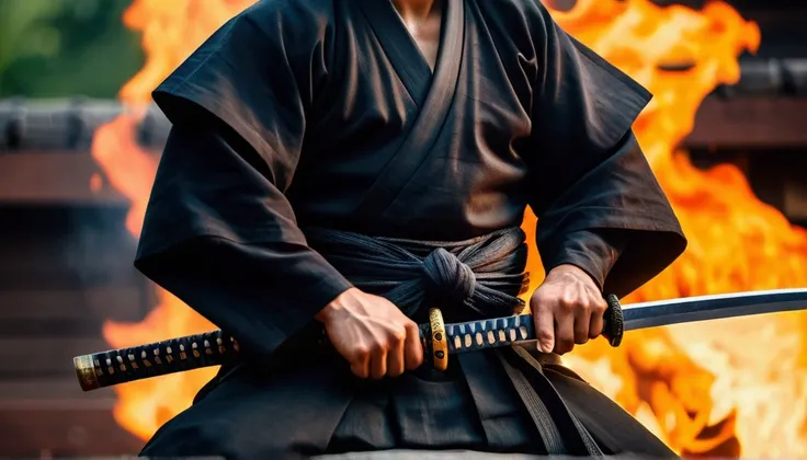 Samurai with a sword, Realistic effect of wearing black hakama, Blur the background, 8K, Burning Fire,