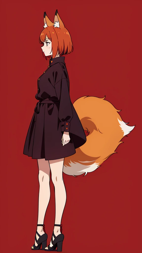 (1girl,20 years old,),red hair,short hair,(simple background),profile,fox tail,fox ears,fullbody,bare