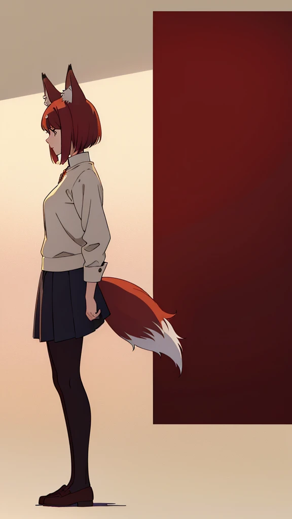 (1girl,20 years old,),red hair,short hair,(simple background),profile,fox tail,fox ears,fullbody,bare