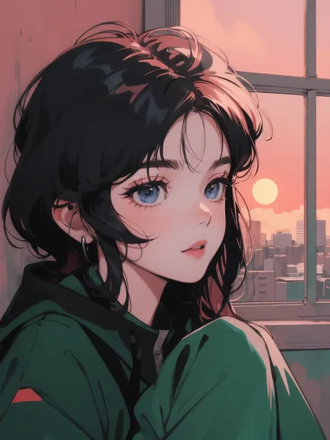 anime girl sitting on floor looking out window at city, anime aesthetic, anime vibes, Lofi Artstyle, Lo-fi portrait, Watching the sunset. anime, Lofty Girl, anime art wallpaper 4 k, anime art wallpaper 4k, anime art wallpaper 8 k, anime background art, Lof...