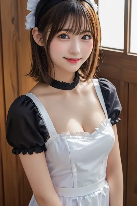 8K highest quality、（beautiful）、Brown Hair、looking at the camera、Soft 、smile、Brown mini maid outfit、frilly maid headband、Larger breasts