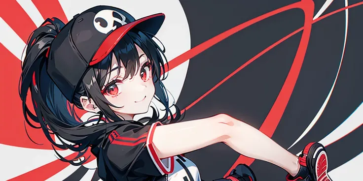 (ponytail),(Black Hair),beautiful girl,Peace sign near face, Wear a black hat,Red sneakers,In the crowd,White tops,Black jacket,Black shorts,Tall buildings,signal machine,A lot of people,smile