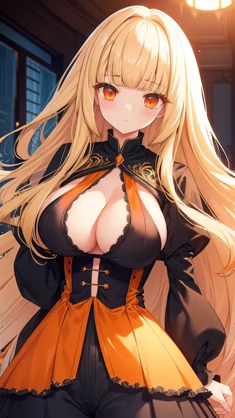 best quality, extremely detailed,anime style girl,((wavy)) long hair,((((blunt bangs)))),(hair between eyes),bright blond hair,beautiful detailed eyes,Orange eyes,Sharp eyes with many eyelashes,huge breasts,fantasy black and red costumes,blouse,trousers,ha...