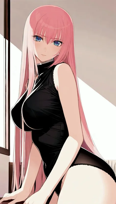 (((Browsing Caution:1.5))){{masterpiece:1.5}},{Detailed and beautiful depiction 1.5},Official Art,Beautiful adult woman 1,Megurine Luka,Pink long hair,blue eyes,Large Breasts,Black erotic underwear,bedroom