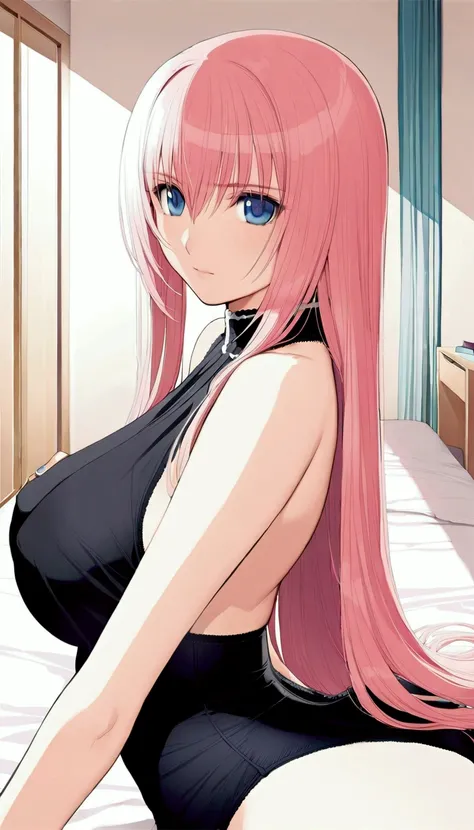 (((Browsing Caution:1.5))){{masterpiece:1.5}},{Detailed and beautiful depiction 1.5},Official Art,Beautiful adult woman 1,Megurine Luka,Pink long hair,blue eyes,Large Breasts,Black erotic underwear,bedroom