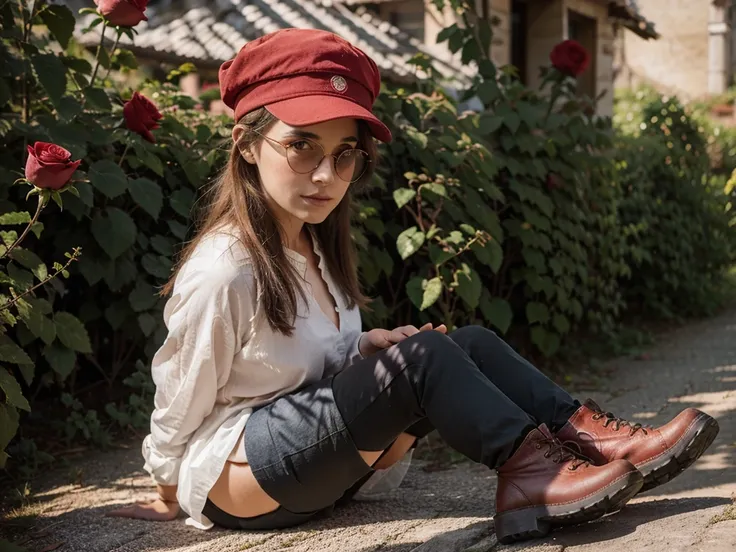 Une autruche animal portant des lunettes de soleil et des bottes rose. Elle a une casquette rouge et des grands yeux avec de grands cils..