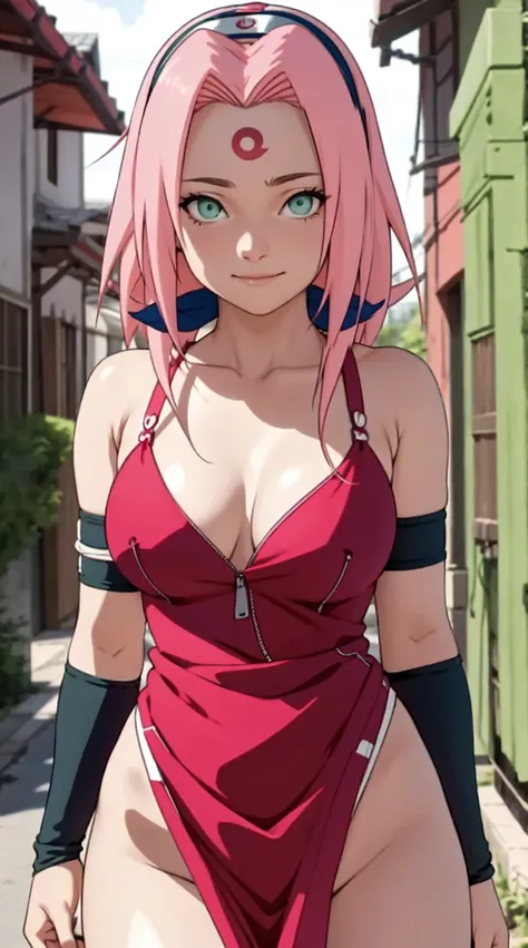 tmasterpiece， Best quality at best， 1girll， Sakura Haruno， Large breasts，upperbody closeup)，Raised sexy，is shy，ssmile，with pink hair， Green eyeballs:1.4)， Forehead protection， alley, nude, zipper panties, nipple pasties,