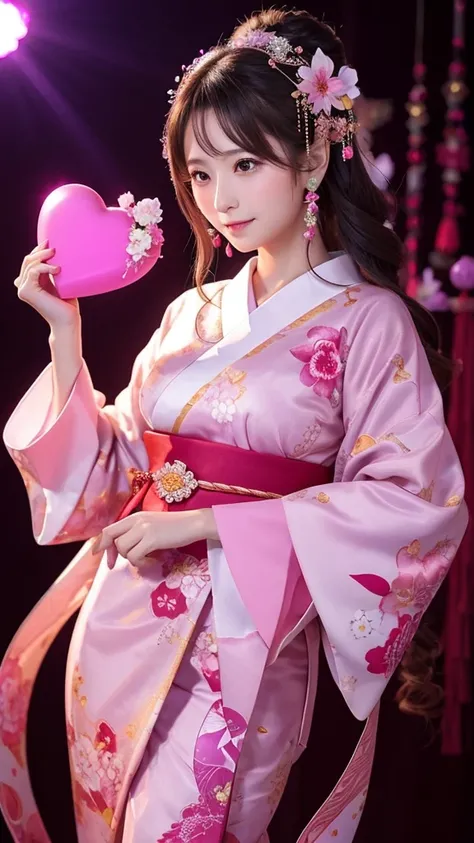 The goddess of love holds a red heart-shaped crystal、She is wearing a traditional Japanese outfit with a floral pattern.、A fantastic pinkish purple glow with a larger object in the background。