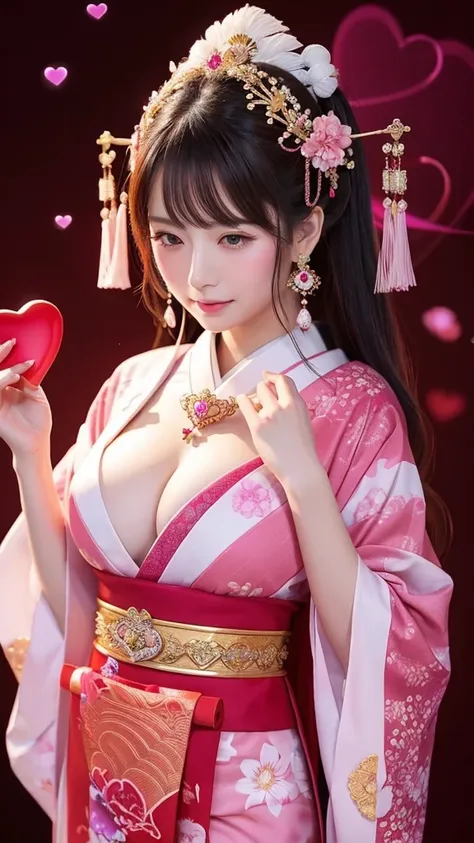 The goddess of love holds a red heart-shaped crystal、She is wearing a traditional Japanese outfit with a floral pattern.、A fantastic pinkish purple glow with a larger object in the background。