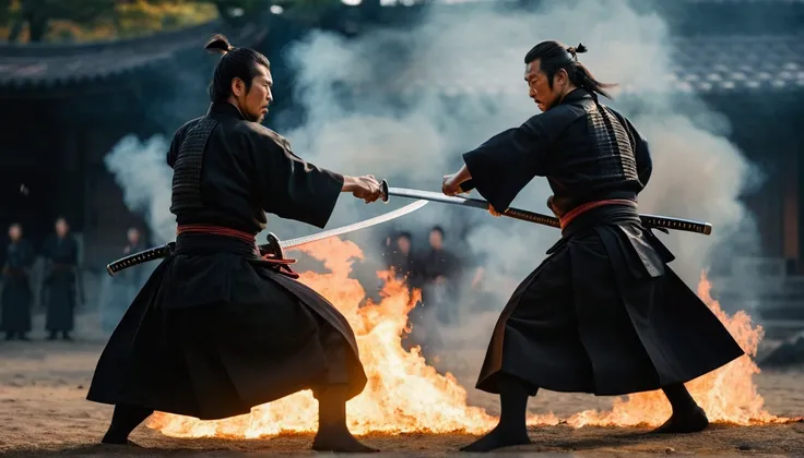 Two samurai with swords fighting,Realistic effect of wearing black hakama, Blur the background, 8K, Fire burning on the ground,