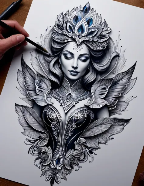 Dessiner une figurine 4D de style encre uhd époustouflante et à couper le souffle, effet holographique qui semble sortir de la feuille de dessin, extremely detailed drawing, hyperRéaliste, sublime details. Truly remarkable work, joyful and sensual work, co...