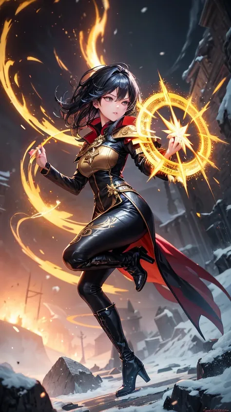 An Asian woman, short 
Fantasy magician outfit, black with gold trim, 3D realistic body, gold hair, sparkling golden eyes, boots, a large owl lightning spirit with bright lightning all around. and stood on the ground fiercely golden magic letters Several l...