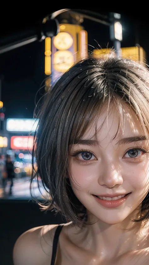 cute 22 year old,1 girl,Slim face Tokyo Street,night, cityscape,city lights, ((face close up:1.5)),((smile showing white teeth)),((Bangs cut)),((Very short hair white hair)),close, 8k, RAW photo, highest quality, masterpiece,realistic, photo-realistic,