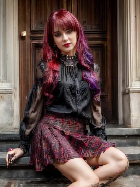 (Best quality, ultra-detailed, Photorealistic: 1.39), bright and rich colors, studio lighting, romantic expressionmasterpiece, Again is a beautiful and cute girl with multicolored hair, sparkle in her eyes, detailed, Punk trad gothic gothic subculture Trad...