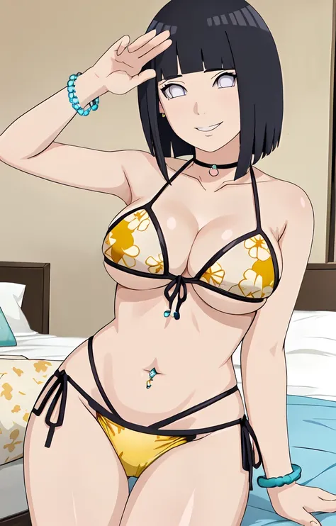 score_9, score_8_up, score_7_up, source_anime,, looking at viewer, eyes smile ,  big breasts , wide hips , cowboy pose, milf body, 1girl, hinata, kitagawa_bikini , bedroom , (wearing a micro bikini with print:1.2)),(( yellow floral print bikini )), cowboy ...