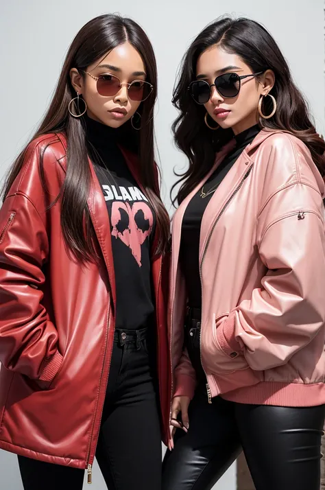 A couple, a black woman with long brown hair and brown eyes, wearing a rosé coat and black legging, and earrings, a blonde man, in 80s rockstar s style, sunglasses, red jacket, and skinny pants, long hair