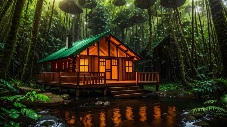 A wooden cabin in the middle of the rainforest, one of the walls with windows forms a face (pareidolia), ultra-realistic, high definition, 4K