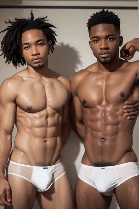 Create two black men wearing white panties