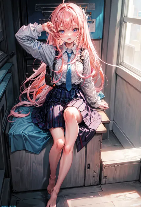 One girl, Hoshino (Blue Archive), alone, Heterochromia iridis, Pink Hair, skirt, Long Hair, tie, Ahoge, shirt, Hello, Plaid skirt, blue eyes, Plaid,  View your viewers, white shirt, Sitting, Orange eyes, chest Harness, Harness, Long sleeve, ID card, Open y...