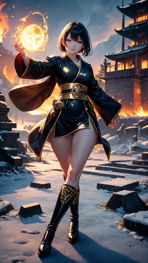 Japanese female, short 
Fantasy magician outfit, black with gold trim, 3D realistic body, gold hair, sparkling golden eyes, boots, and stood on the ground fiercely golden magic letters Several large magic rings appeared behind him. Behind him, the ruins of...