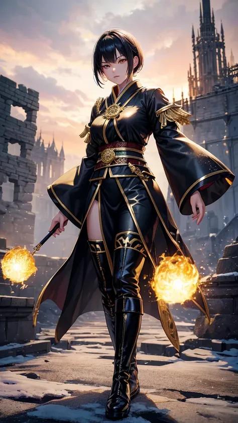 Japanese female, short 
Fantasy magician outfit, black with gold trim, 3D realistic body, gold hair, sparkling golden eyes, boots, and stood on the ground fiercely golden magic letters Several large magic rings appeared behind him. Behind him, the ruins of...