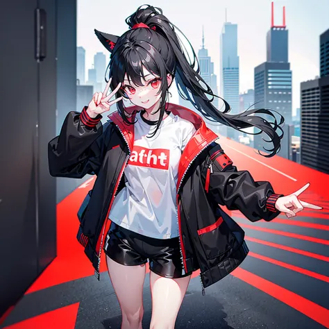 (ponytail),(Black Hair),beautiful girl,Peace sign near face, Wear a black hat,Red sneakers,In the crowd,White tops,Black jacket,Black shorts,Tall buildings,signal machine,A lot of people,smile