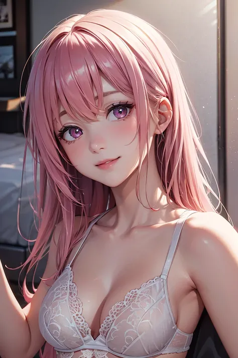 Best Quality,High resolution,8K,finelity detailed background,Masterpiece:1.2),beautiful girl,Shiny pink hair,Pink eyes,Gentle look,A refreshing look,smile,Best quality,Best Quality,Aesthetic and aesthetic:1.2,Best details((Super detailed))(High-definition ...