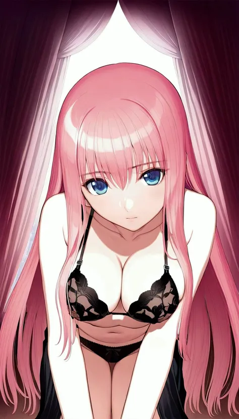 (((Browsing Caution:1.5))){{masterpiece:1.5}},{Detailed and beautiful depiction 1.5},Official Art,Beautiful adult woman 1,Megurine Luka,Pink long hair,blue eyes,Large Breasts,Facing forward,Erotic temptation,Black Bra,Black shorts,Sexy Underwear,bedroom