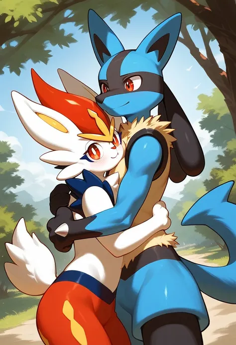 score_9,score_8_up,score_7_up, source_furry, a (male lucario Pokemon), hug, he is hug a (male cinderace pokemon), outdoors, cute,