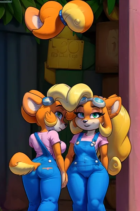 coco bandicoot, female, masterpiece, beautiful, overalls, goggles on head, ponytail, furry, animal ears, orange fur, blonde hair, green eyes, pink eyeshadow, long hair, white shirt short sleeves,  pink sleeves, denim overalls pants