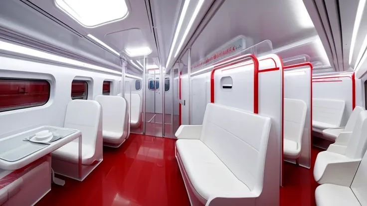 white futuristic train interior、everything is in white、white wall、white long seats only、red neon lines