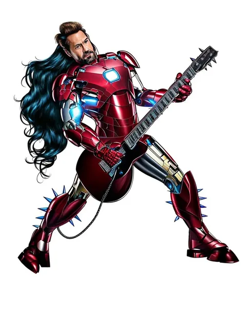 iron man, spikes on costume,  platform shoes, playing electric guitar, back arched back, head tilted,  long flowing hair