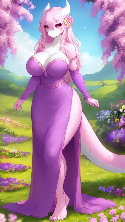 ((uploaded in e621)), 1girl, masterpiece, dragoness, female dragon, anthro, round breasts, perfect hips, dragon girl, lightpink dragon, light red eyes, sexy, pose, curvy, scalie, pink scales, pink body, detailed scales, large breasts, female, pink long hai...