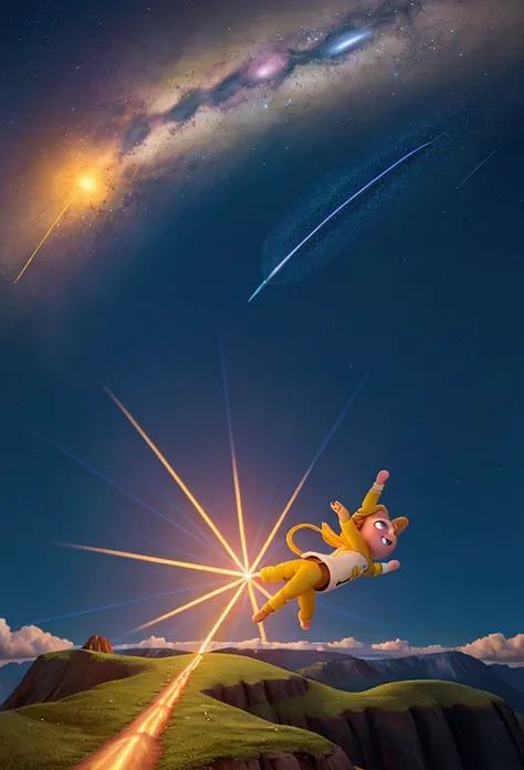 A shooting star leaving a golden trail of light as it descends from the sky toward Earth.