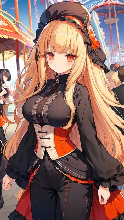 best quality, extremely detailed,anime style girl,((wavy)) long hair,((((blunt bangs)))),(hair between eyes),bright blond hair,beautiful detailed eyes,Orange eyes,Sharp eyes with many eyelashes,huge breasts,((casual black and scarlet costumes)),short pants...