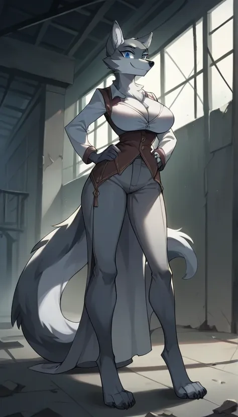 Masterpiece, best quality, Masterpiece, best quality, 1 woman , gray wolf , ferry , blue eyes , sly face , smile , abdomen , big breasts , Long legs , hands on hips , Long tail , abandoned factory , at night