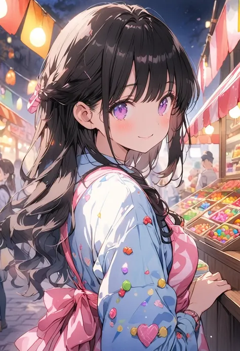 cute girl, watercolor, clear, anime style illustration, cute illustration, beautiful detail, fain touch outline, best quality, top quality, ultra detailed, masterpiece, beautiful detail, cute girl is wearing a apron, working, background candy shop, stall c...