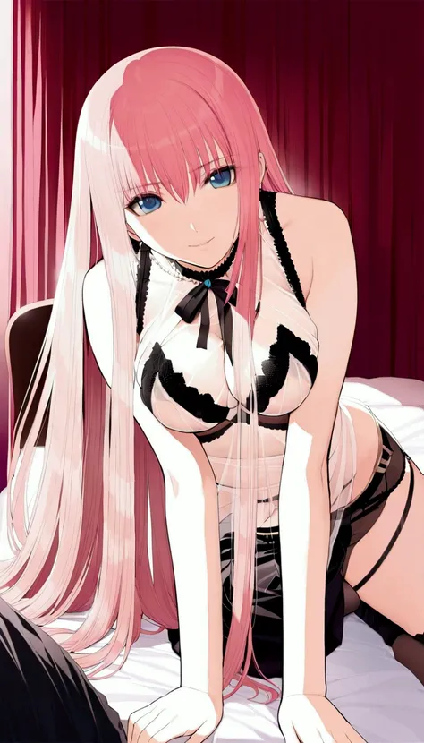 (((Browsing Caution:1.5))){{masterpiece:1.5}},{Detailed and beautiful depiction 1.5},Official Art,Beautiful adult woman 1,Megurine Luka,Pink long hair,blue eyes,Large Breasts,Facing forward,Erotic smile temptation,Black Bra,Black shorts,See-through underwe...