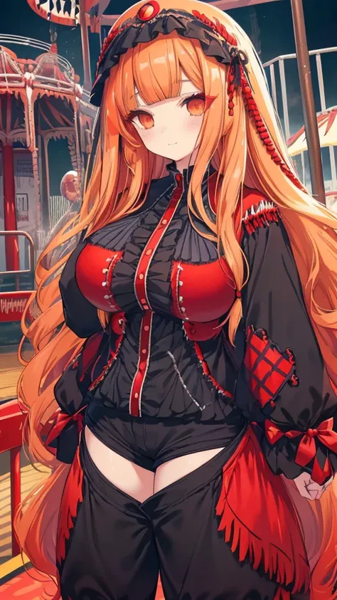 best quality, extremely detailed,anime style girl,((wavy)) long hair,((((blunt bangs)))),(hair between eyes),bright blond hair,beautiful detailed eyes,Orange eyes,Sharp eyes with many eyelashes,huge breasts,((((casual black and scarlet clothing)))),short p...