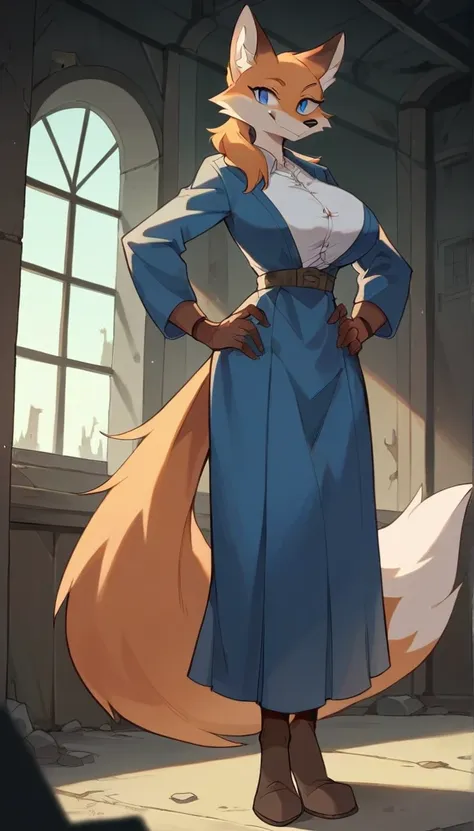 Masterpiece, best quality, Masterpiece, best quality, 1 woman , fox , ferry , blue eyes , sly face , smile , clothes less, abdomen , big breasts , Long legs , hands on hips , Long tail , abandoned factory , at night