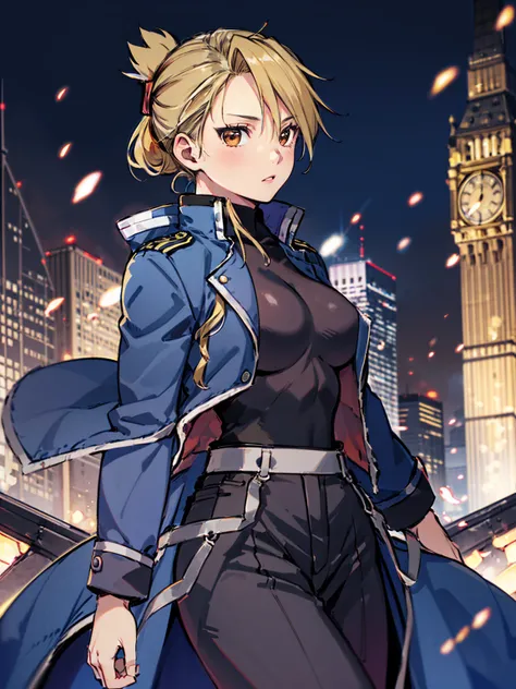 masterpiece, Highest quality, High resolution, One girl, (Riza Hawkeye, Blue jacket), Folded ponytail, Brown eyes, , (uniform, Blue jacket, Blue pants), ,Big Breasts, 
