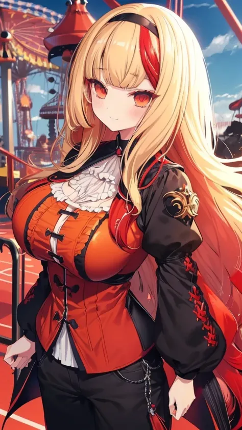 best quality, extremely detailed,anime style girl,((wavy)) long hair,((((blunt bangs)))),(hair between eyes),bright blond hair,beautiful detailed eyes,Orange eyes,Sharp eyes with many eyelashes,huge breasts,(((casual black and scarlet clothing))),short pan...