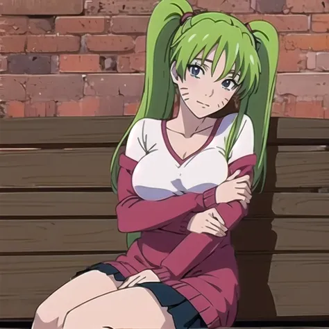 high school anime girl sitting on an armchair bench holding her breasts