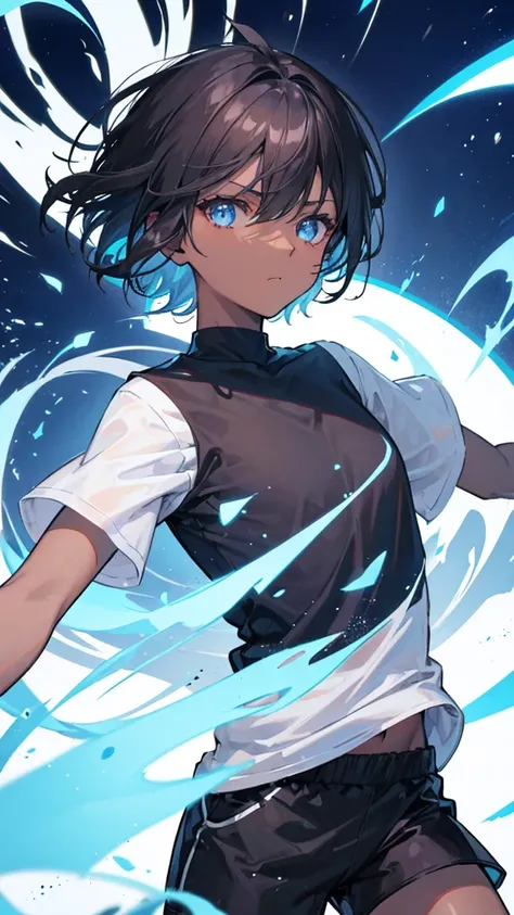 Short haired man, blue glowing eyes, dark brown skin, hair flowing through the wind, Black t shirt, white shorts, clothes flowing through the wind, determined face, Light blue dynamic background