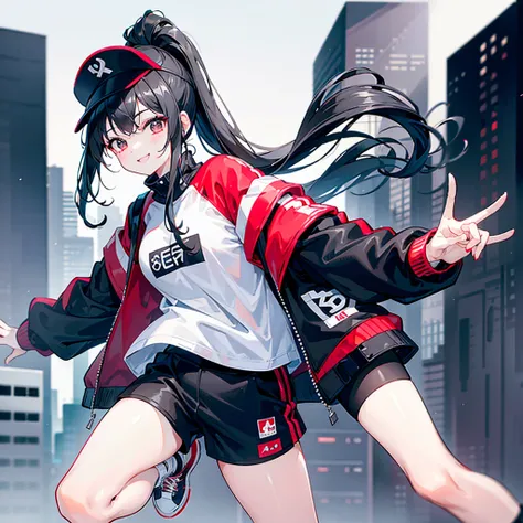 (ponytail),(Black Hair),beautiful girl,Peace sign near face, Wear a black hat,Red sneakers,In the crowd,White tops,Black jacket,Black shorts,Tall buildings,signal machine,A lot of people,smile