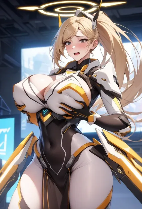 masterpiece, best quality, very aesthetic, absurdres, 1girl, mature_lady, embarrassed, hands grabbing breasts, upper body,,mercy(overwatch),1girl, mechanical_halo, mechanical_wings, halo, headgear, blonde_hair, ponytail, bodysuit,armor, boobplate, breastpl...