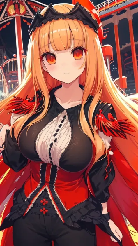 best quality, extremely detailed,anime style girl,((wavy)) long hair,((((blunt bangs)))),(hair between eyes),bright blond hair,beautiful detailed eyes,Orange eyes,Sharp eyes with many eyelashes,huge breasts,(((casual black and scarlet clothing))),short pan...