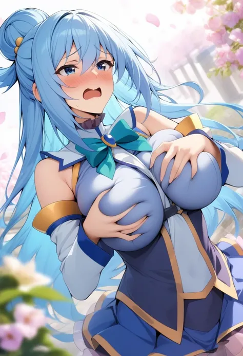 masterpiece, best quality, very aesthetic, absurdres, 1girl, mature_lady, embarrassed, hands grabbing breasts, upper body,,aqua_(konosuba), kono_subarashii_sekai_ni_shukufuku_wo!, 1girl, long_hair,blue_hair,  single_hair_ring, bun,hair_ornament,blue_eyes, ...