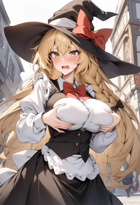 masterpiece, best quality, very aesthetic, absurdres, 1girl, mature_lady, embarrassed, hands grabbing breasts, upper body,,touhou, kirisame_marisa, blonde_hair, eyelashes, hair_between_eyes, hair_bow, long_hair, sidelocks, single_braid, very_long_hair, yel...